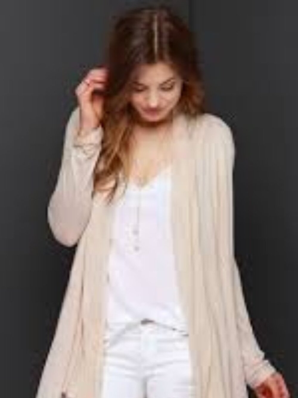 dkny  Neutral Beige Silk Blend Waterfall Open Front Long Cardigan